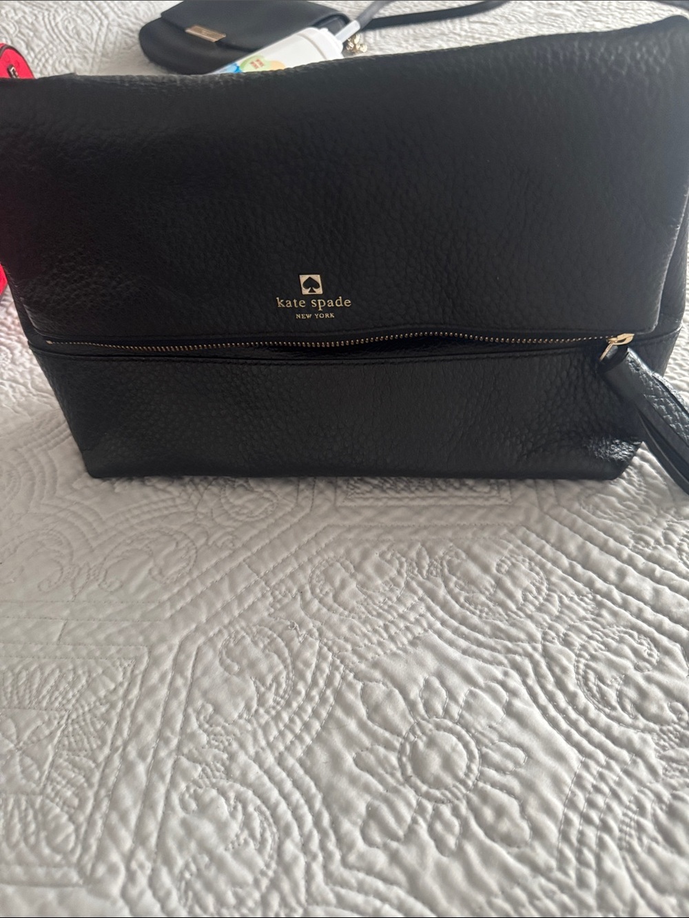 kate spade Black Pebbled Leather Fold-Over Wristlet Clutch